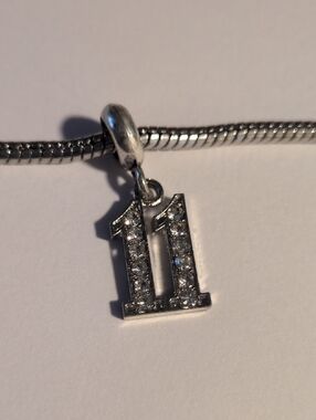 Silver Rhinestones '11' Number Dangle Charm for Pandora Style Bracelet